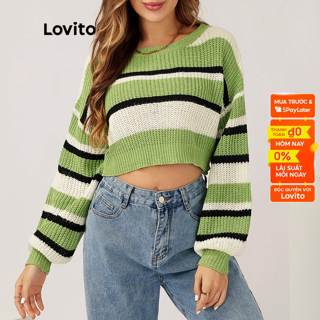 Lovito Áo len cổ tròn tay dài sọc thường L21LT107