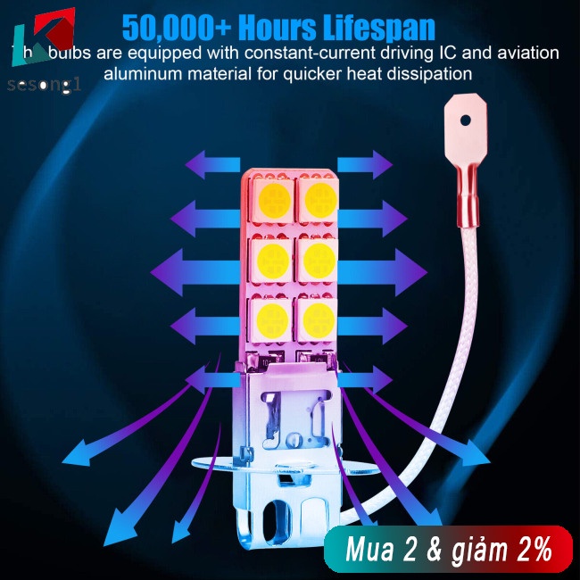 Sesong Set 2 Đèn Pha h3 6000k 1800lm Ánh Sáng Trắng 360 Độ Chuyên Dụng Cho Xe Hơi