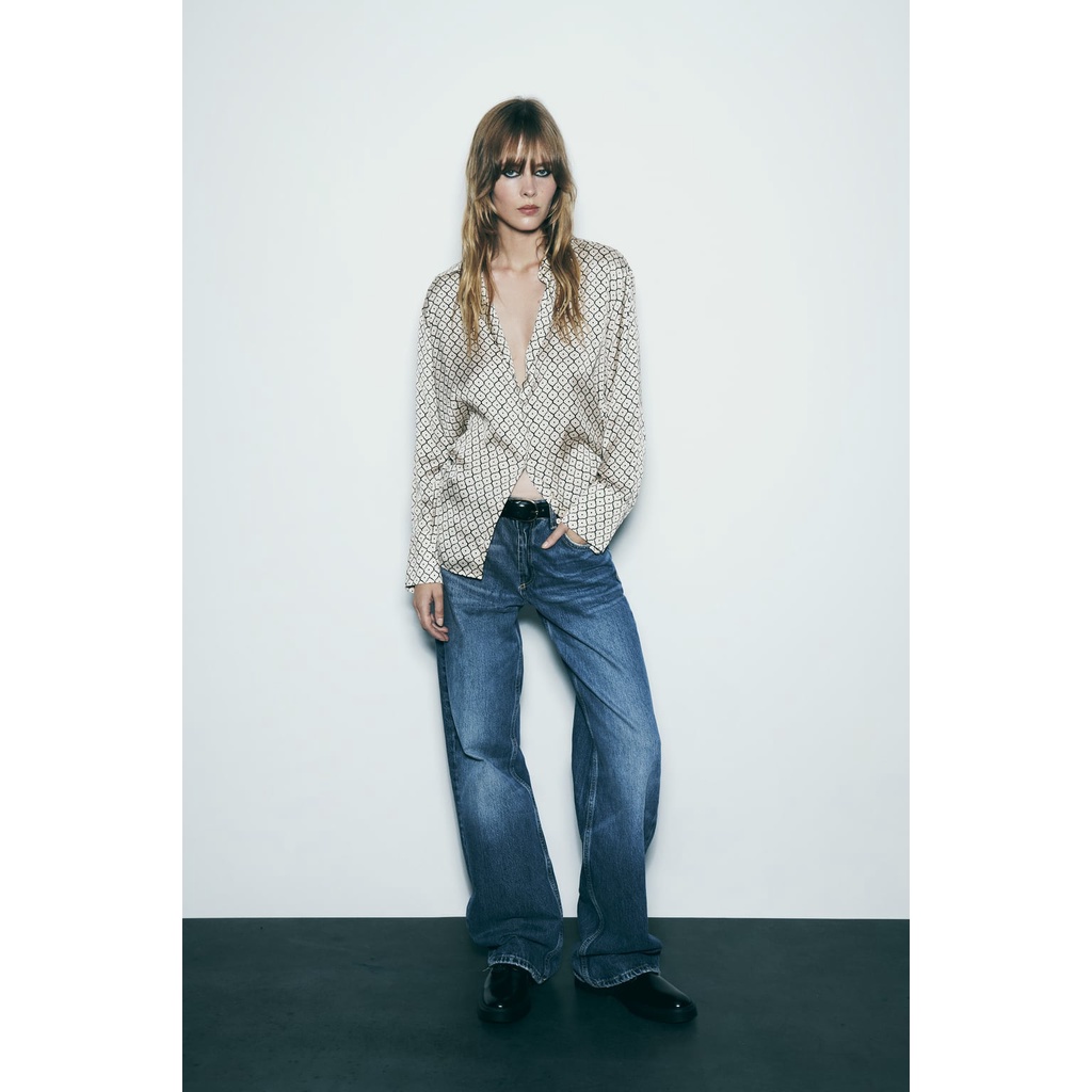 Zara Áo Sơ Mi Lụa satin In Họa Tiết Hình Học Cá Tính Thời Trang 8741246