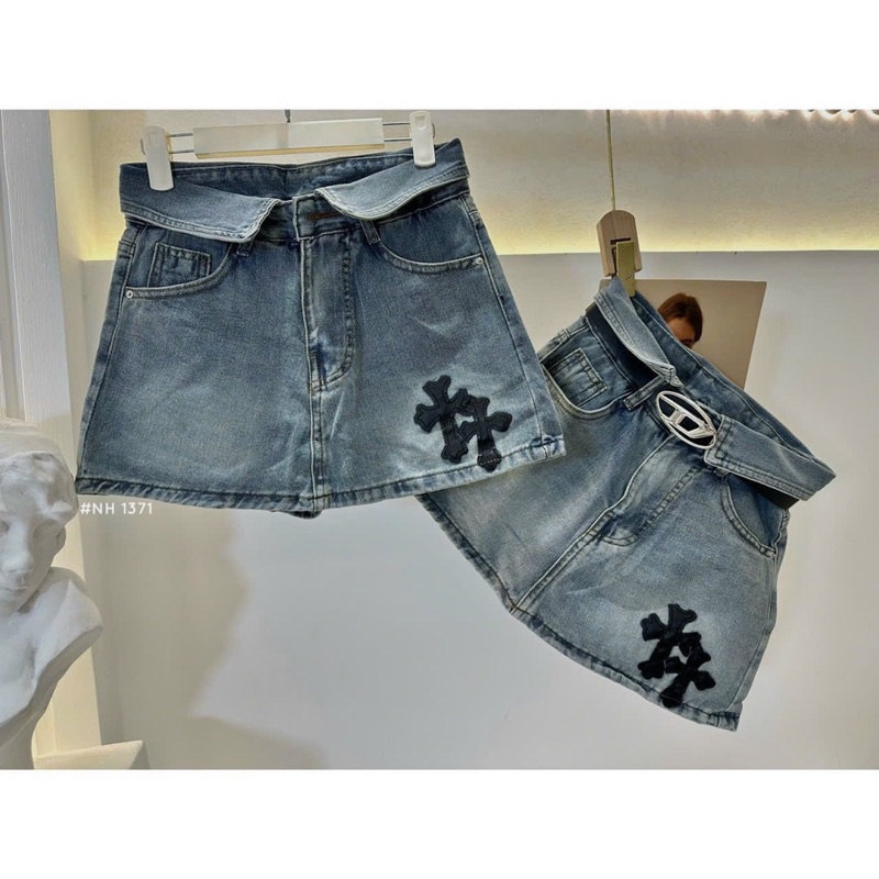 Chân váy jean chữ thập gập lưng