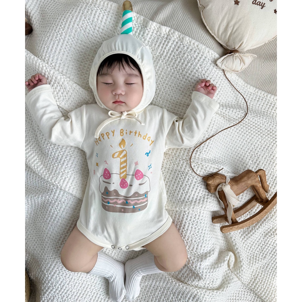 1 Bộ Áo Liền Quần Tay Dài In Hình Bánh Sinh Nhật + Nón 2 Món Thời Trang Cho Bé Sơ Sinh