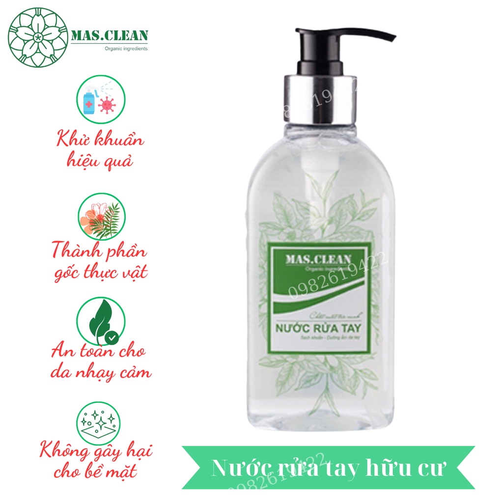 Nước rửa tay hữu cơ trà xanh Mas.Clean  - Dưỡng da, khử khuẩn hiệu quả, hương thơm tự nhiên - chai 300ml