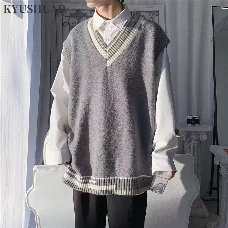 Áo sweater Dệt Kim Không Tay Cổ Chữ v Dáng Rộng Thời Trang Cho Nam