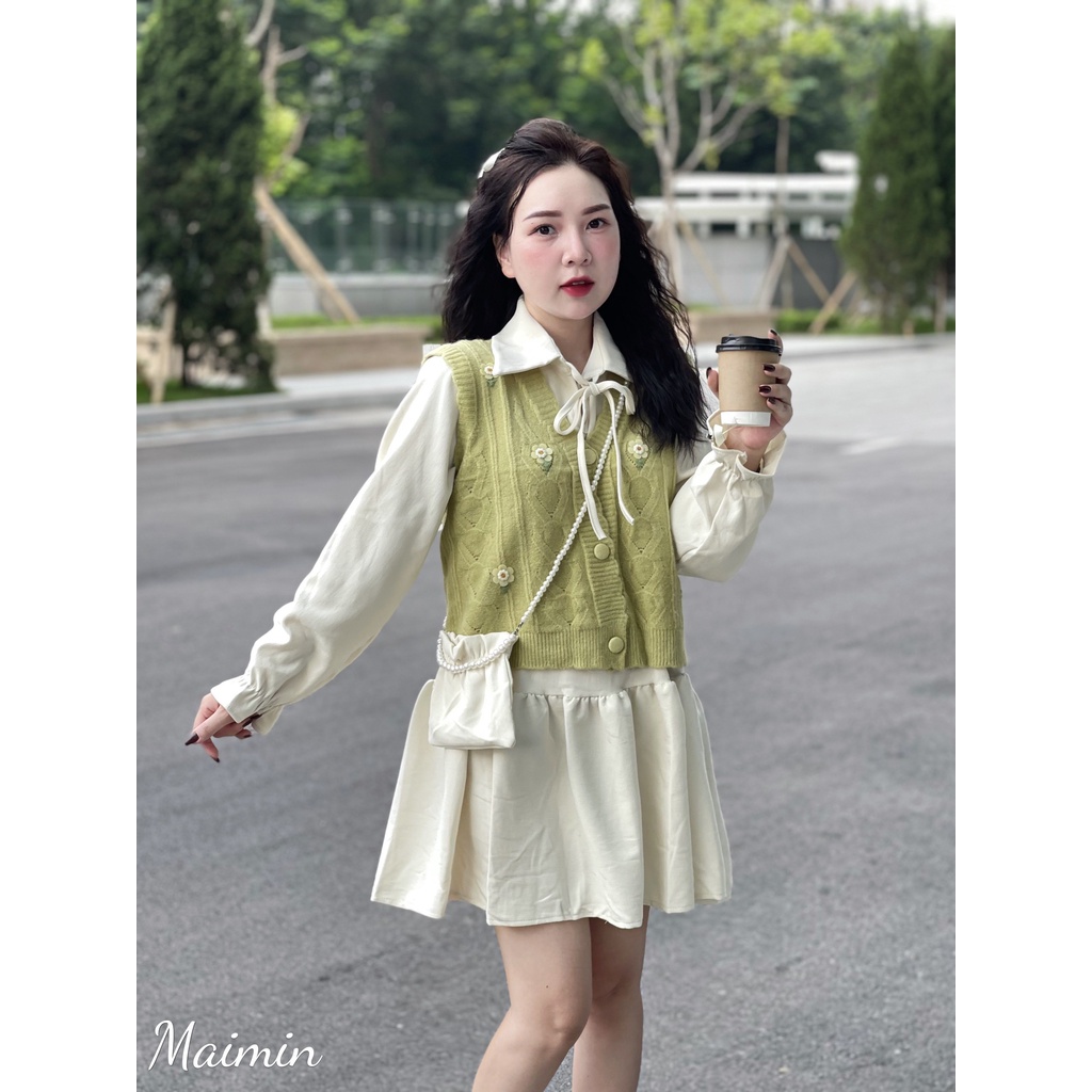 Set 3 chi tiết áo gile hoa váy sơ mi bèo kèm túi hàng QC