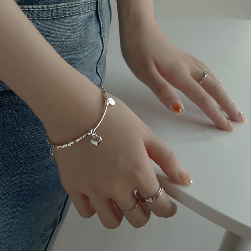 Vòng Tay Mạ Bạc 925 Mặt Hình Trái Tim Vỡ Hai Hạt Thời Trang Cho Nữ