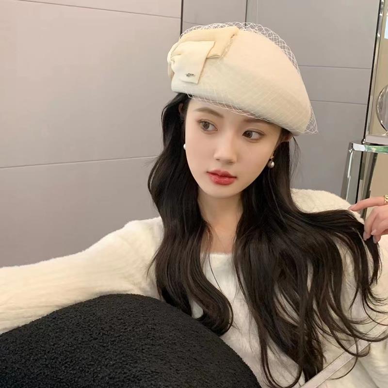 Mũ beret Phối Lưới Nơ Phong Cách Hàn Quốc Thời Trang Thu Đông Cho Nữ