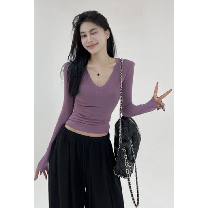 Áo Thun cotton Mỏng Tay Dài Cổ Chữ v Thời Trang Mùa Thu Phong Cách Mới Dành Cho Nữ