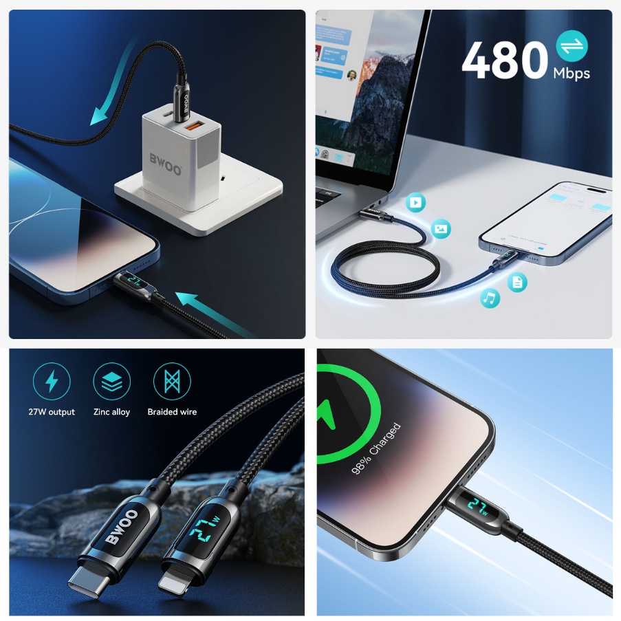 Dây sạc nhanh 27w chính hãng BWOO cáp bọc dù báo đèn dùng cho 14 13 12pro 11promax xsmax