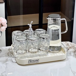 Bộ bình cốc thủy tinh chịu nhiệt House thỏ bạc kèm khay úp cốc có khay ráo nước - Mã H08