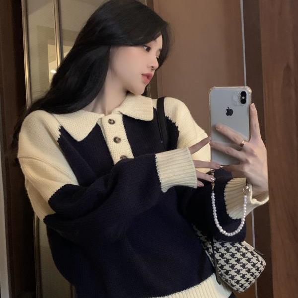 Áo sweater Dệt Kim Phối Màu Tương Phản Thời Trang Mùa Thu Cho Nữ