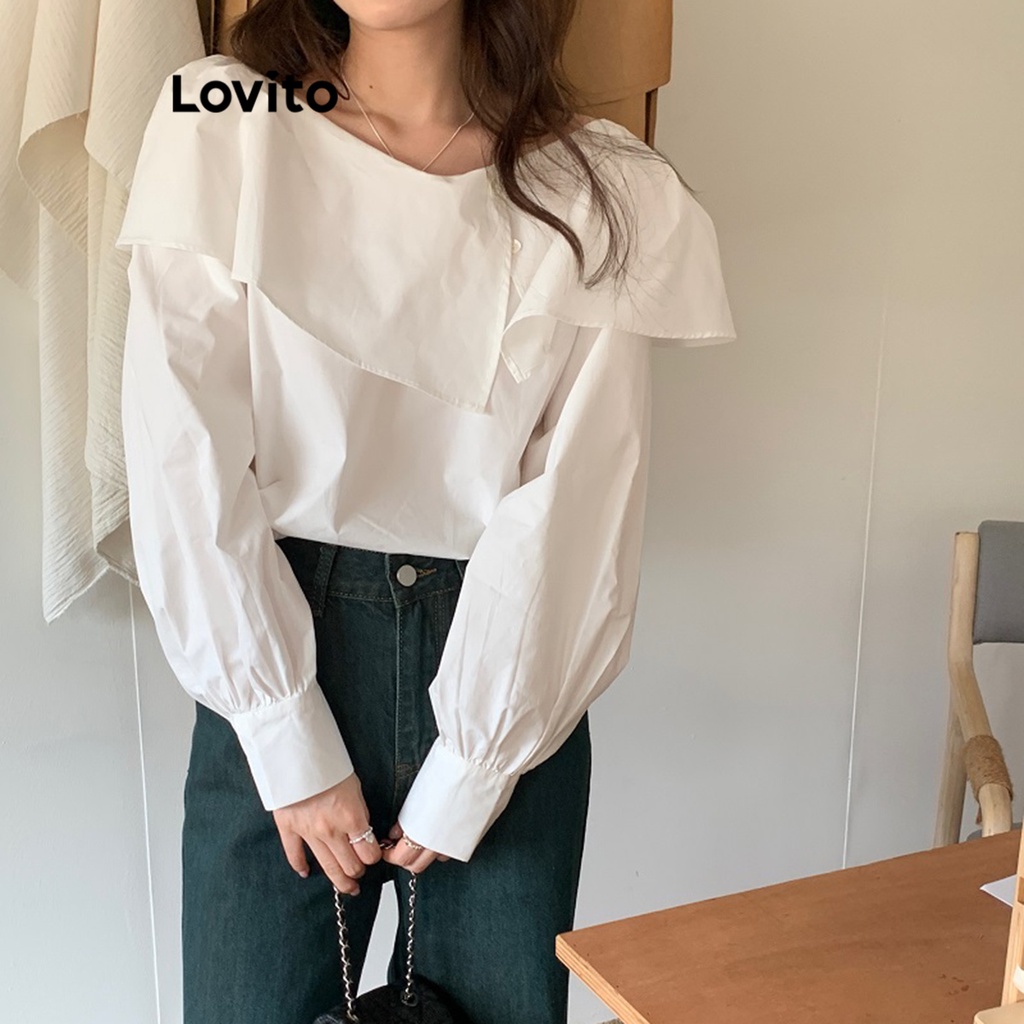 Áo kiểu Lovito cài nút không đối xứng màu trơn thường ngày cho nữ LNE29436