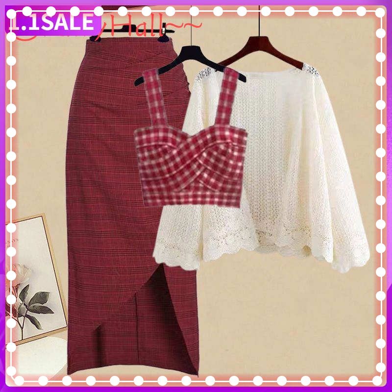 Bộ Áo Khoác Cardigan + Áo Khoác Cardigan + Chân Váy Sọc Ca Rô Thời Trang Xuân Thu Hàng Mới 2023