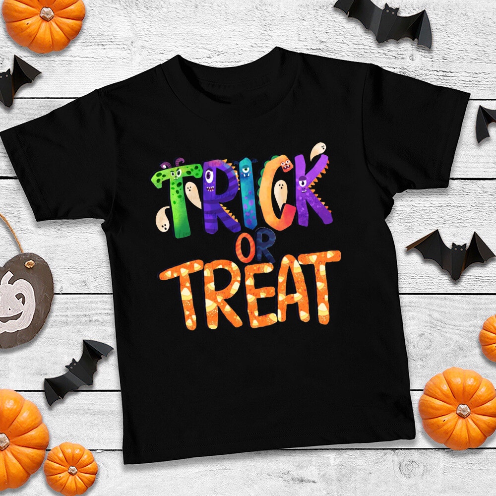 Halloween Trick or Treat Áo thun ngắn tay màu đen bé trai và bé gái Thời trang Halloween hàng đầu