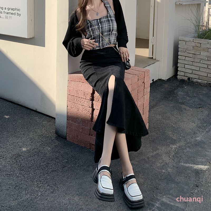 Chân váy jean Đuôi Cá Lưng Cao Co Giãn Xẻ Tà Thời Trang Xuân Thu Quyến Rũ Cho Nữ