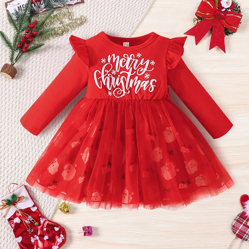 Đầm Giáng Sinh Tay Dài In Họa Tiết Hoạt Hình Ông Già Noel Xinh Xắn Cho Bé Gái