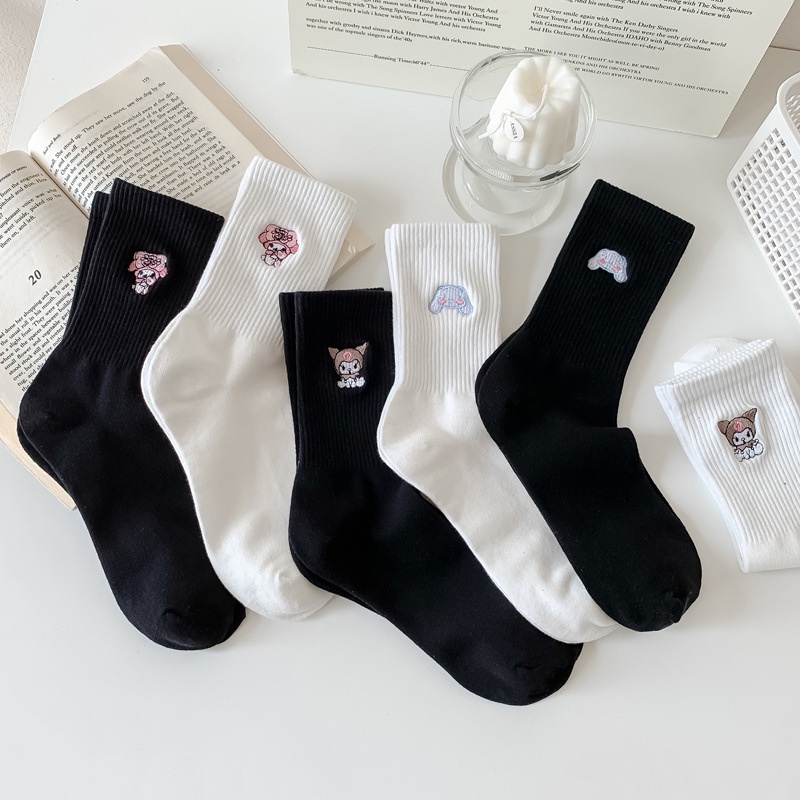Sanrioed Đôi Vớ cotton Màu Trắng Đen Thêu Họa Tiết Thời Trang Cho Nữ