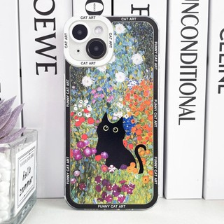Ốp lưng iphone samsung xiaomi oppo cạnh vuông Claude Monet Van Gogh Funny Cat Art Mèo Đen 3