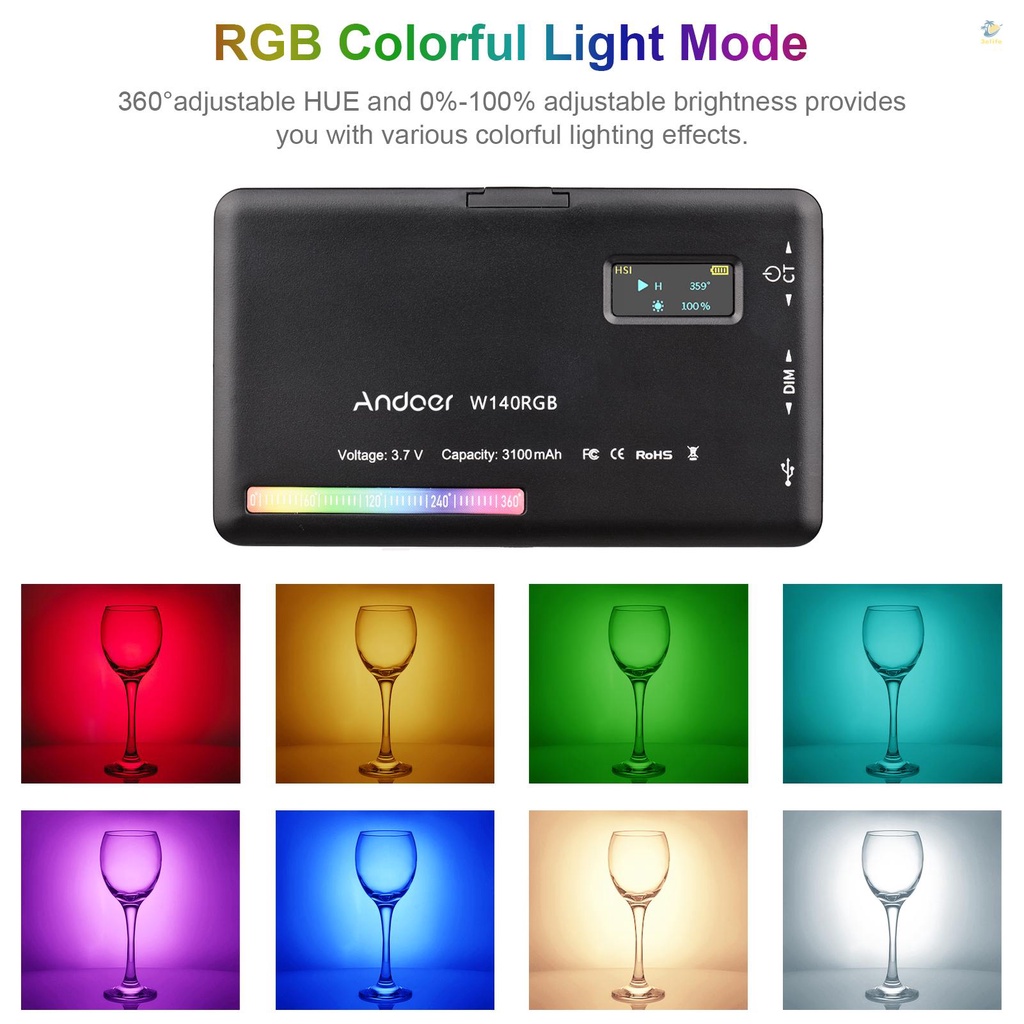 Đèn led Trợ Sáng Chụp Ảnh andoer w140 rgb 3elife cri95 + 2500k-9000k 20 Có Thể Sạc Lại Với Màn Hình lcd Cho vlog liv