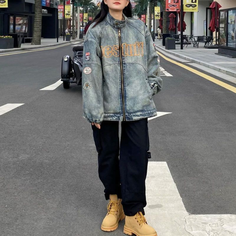 Áo Khoác Jean Dáng Rộng Có Khóa Kéo Thêu Họa Tiết Phong Cách Cổ Điển Hồng Kông Cho Nam Và Nữ zyq147