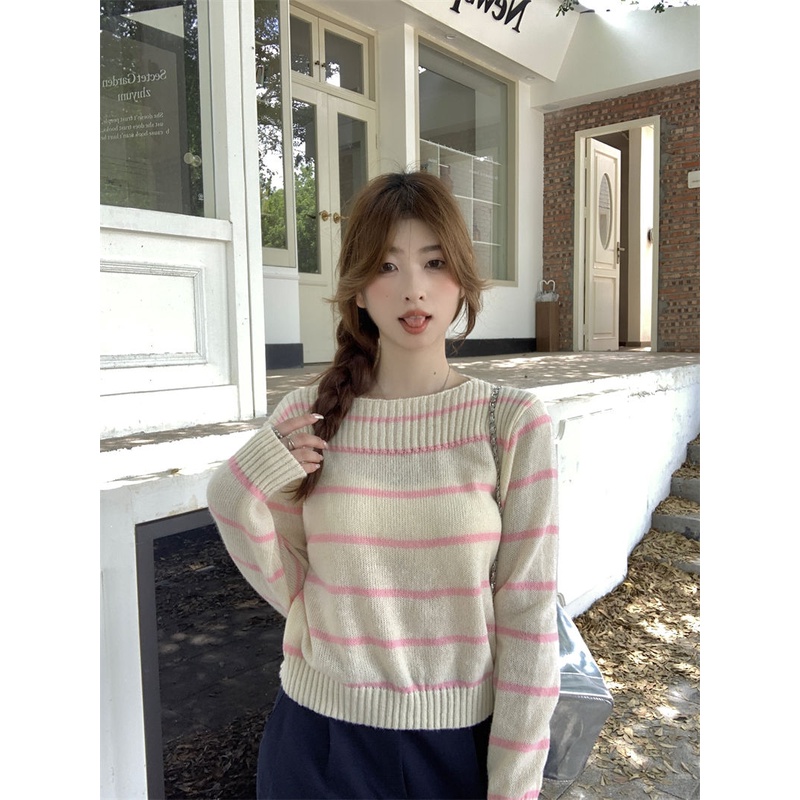 Zhainvchaoyi Áo sweater Dệt Kim Kẻ Sọc Thời Trang Đơn Giản Cho Nữ