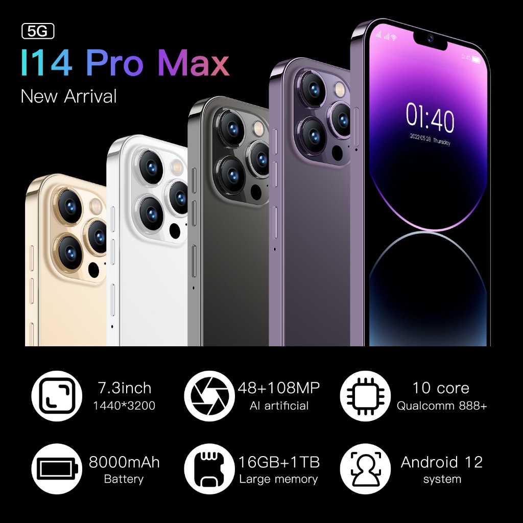 Điện thoại di động Giá rẻ Bán I14 Pro Max 100% 7.3inch Full HD 16GB+1TB Pin 8000mAh hỗ trợ thông minh 2 SIM 4/5G Android