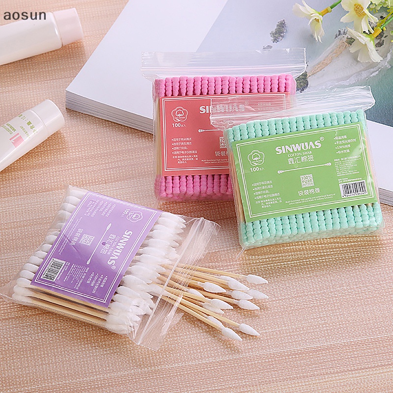 Aosun Set 100 Tăm Bông cotton Hai Đầu Dùng Để Trang Điểm / Tẩy Trang / Làm Sạch Tai / Mũi / Tai / Mũi Chăm Sóc Sức Khỏe