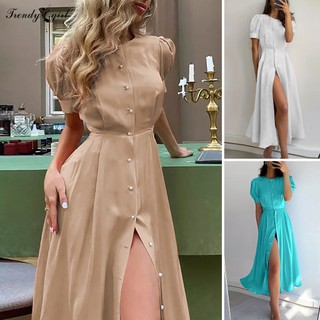 Đầm midi Tay Ngắn Cổ Tròn Màu Sắc Trơn Thời Trang Mùa Hè Xinh Xắn Cho Nữ