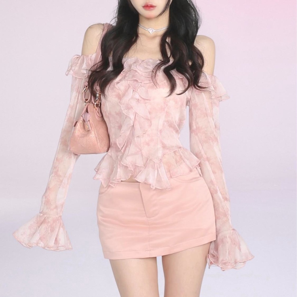 Set Áo Trễ Vai Tay Loe Dài Phối Bèo + Chân Váy Lưng Cao Thời Trang Cho Nữ