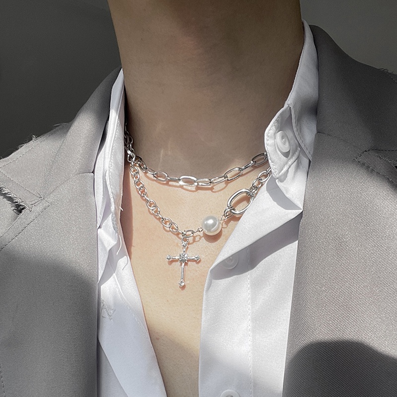 Vòng cổ Chuỗi Hạt Ngọc Trai Mặt Thánh Giá Phong Cách hip hop Cho Nam