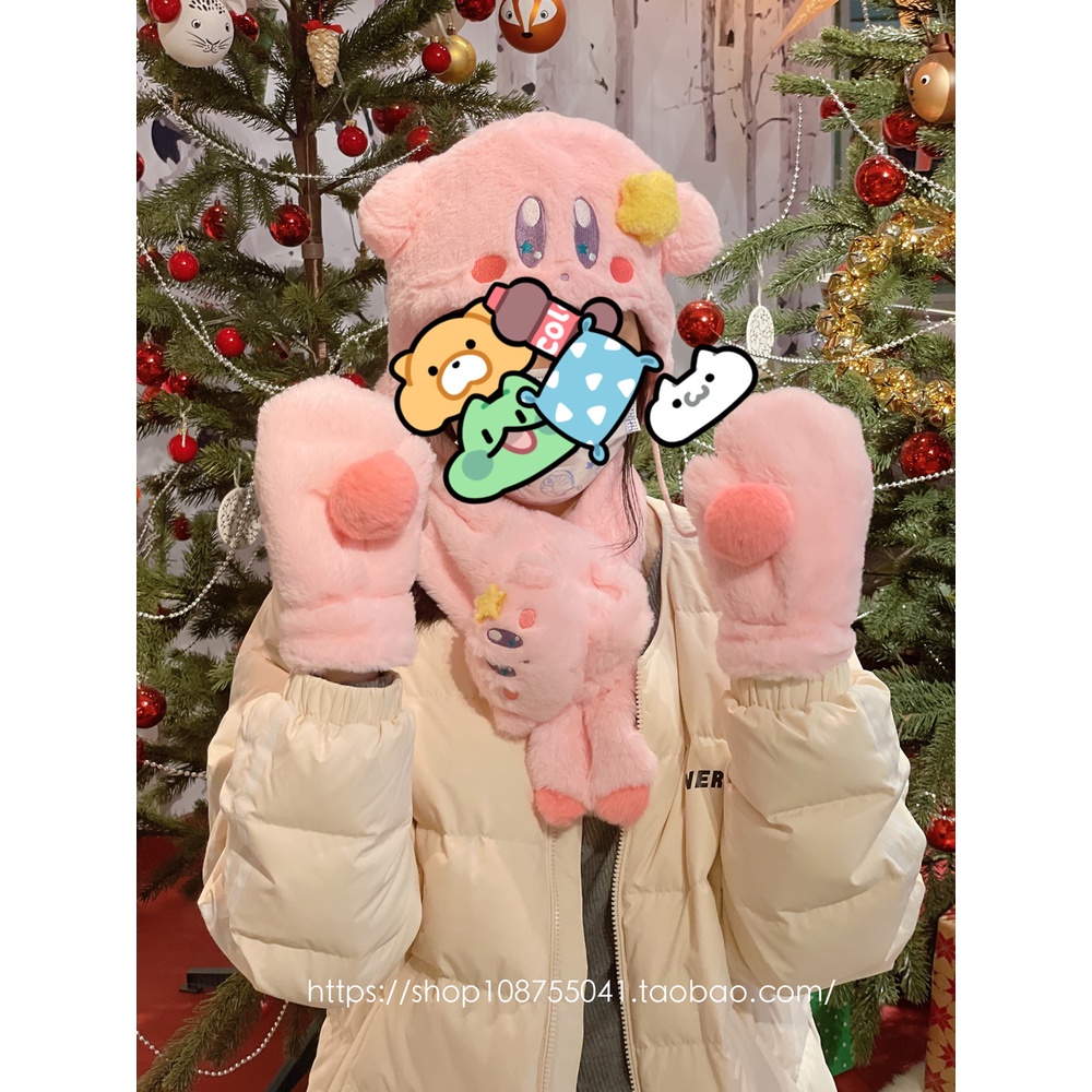 Dễ Thương Kirby Nữ Mũ Hồng Lông Ấm Găng Tay Có Mũ Khăn Quàng Cổ Sinh Viên Mềm Mại Cô Gái Tặng-top3C01