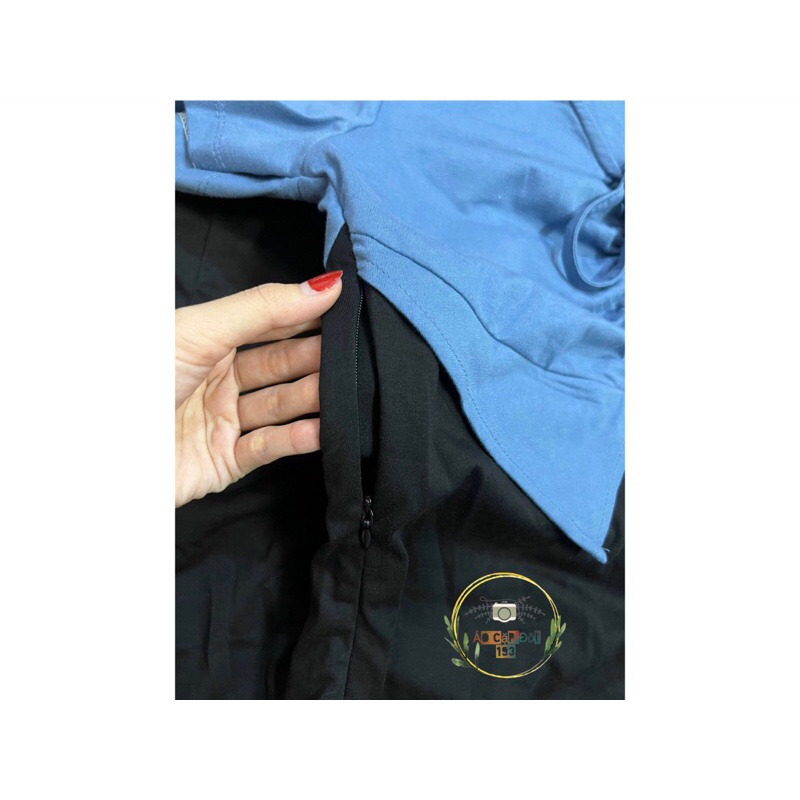 Váy thun đôi nam nữ cổ bẻ rút thun xẻ tà dễ thương xanh navy phối đen