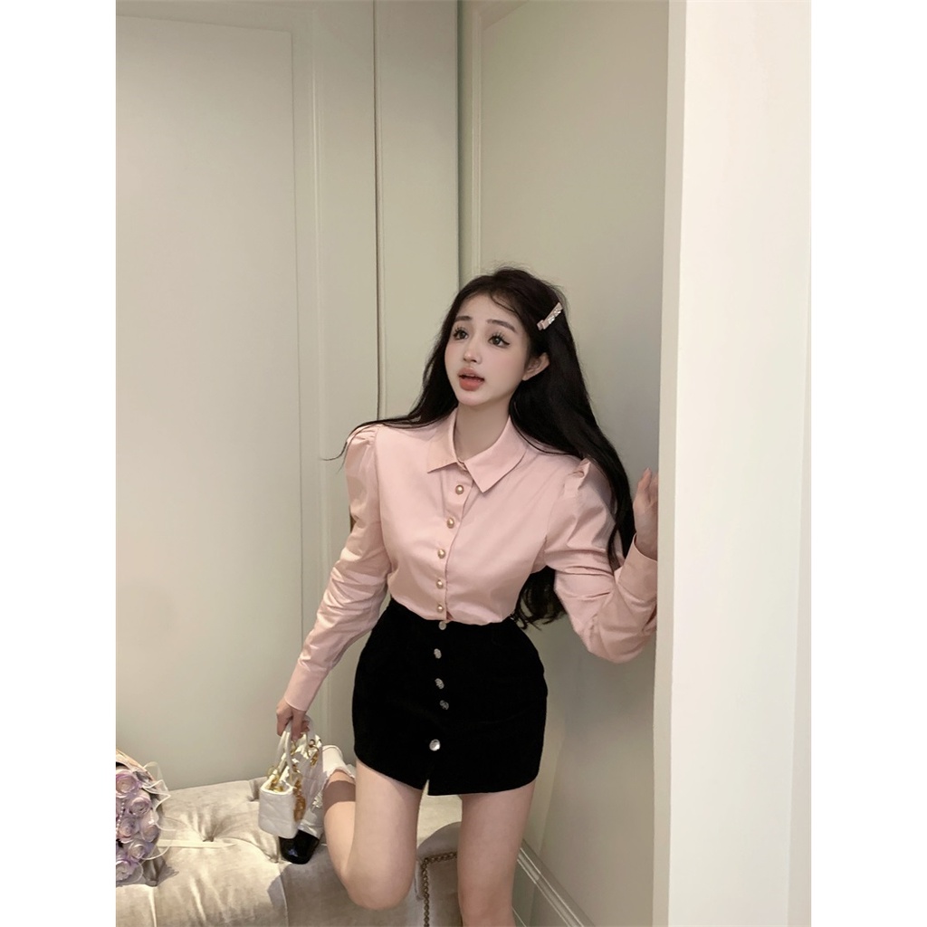 Áo Sơ Mi Tay Dài Phồng Màu Hồng Phong Cách Pháp Thời Trang Mùa Thu Cho Nữ