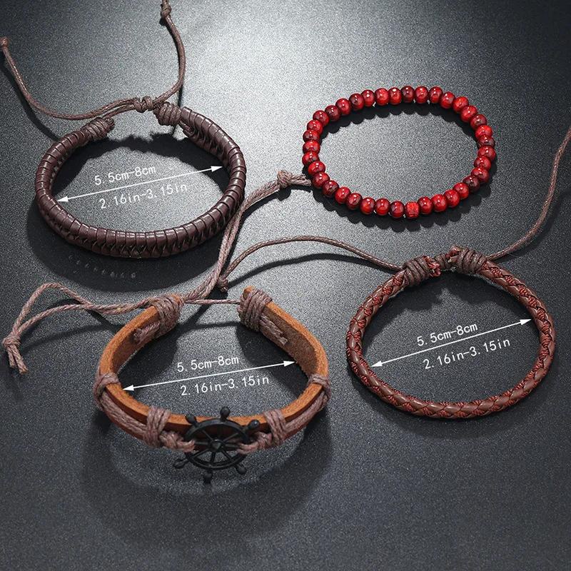 Bộ 4 Vòng Tay Da Bện Đính Hạt Gỗ Phong Cách vintage Cho Nam Nữ