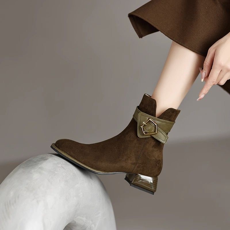 Nubuck Giày Bốt Da Mũi Vuông Gót Dày Chống Trượt Thời Trang Xuân Thu Cho Nữ