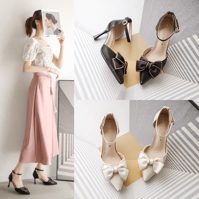 Giày Cao Gót 7.5cm Thời Trang Thanh Lịch Cho NữDễ Thương Giày Cao Gót Mũi Nhọn Đính Nơ Ngọt Ngào Cho Cô Dâu
