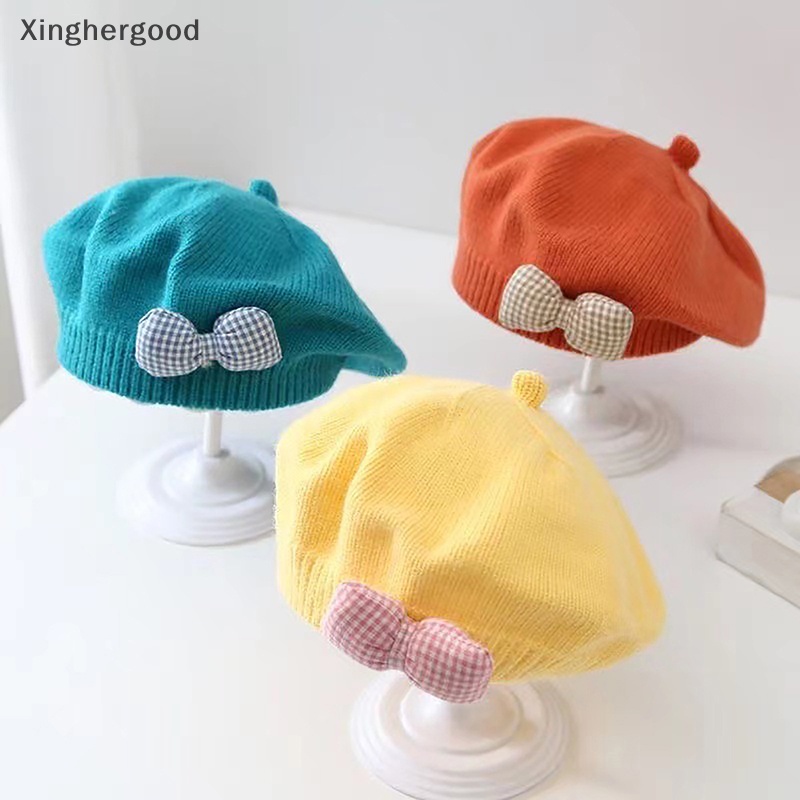 Xinghergood Mũ Nồi Dệt Kim Màu Trơn Đính Nơ Thời Trang Thu Đông Ấm Áp Cho Bé Gái