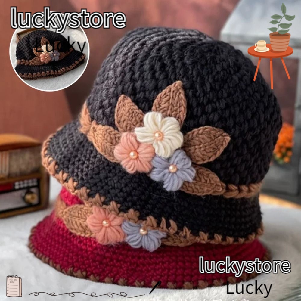 Lucky Mũ Len Dệt Kim Dày Dặn Họa Tiết Hoa Ba Chiều Ấm Áp Thời Trang Dành Cho Nữ Trung Niên