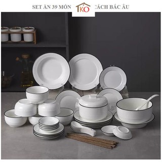Bộ bát đĩa sứ trắng viền xanh đen 39 món 25 món phong cách Bắc Âu - Nordic Styles