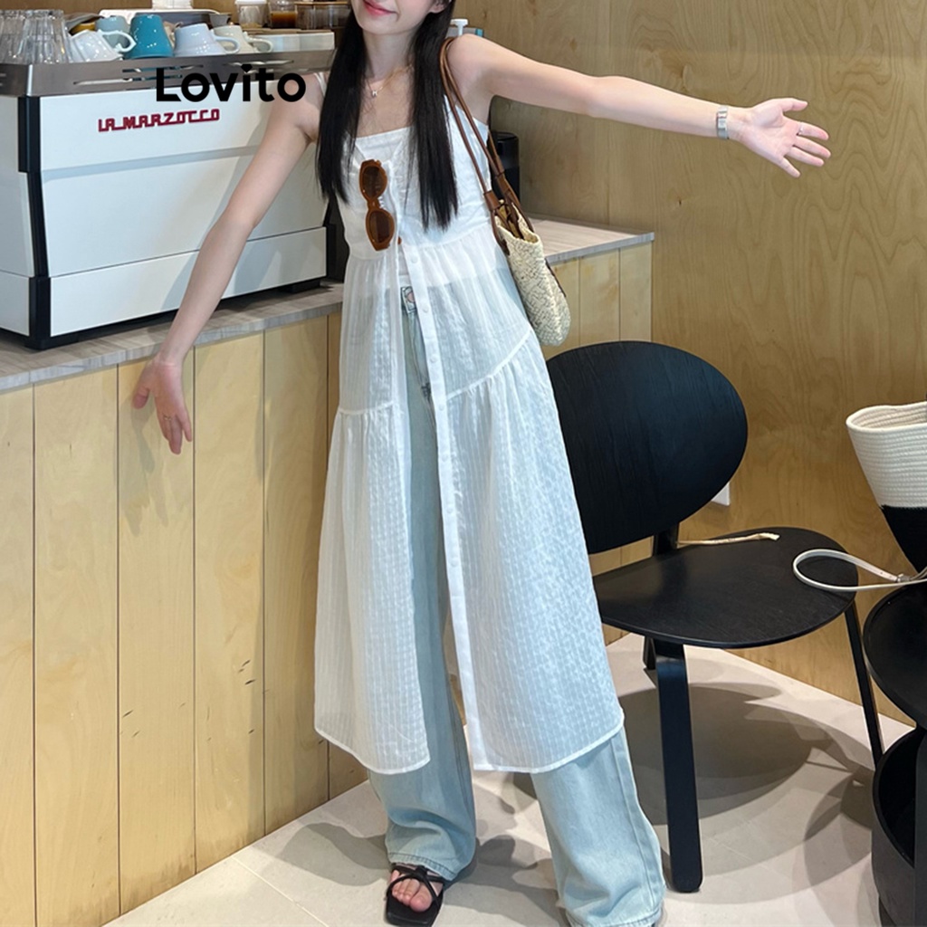 Áo sát nách Lovito xẻ tà cài nút phía trước màu trơn thường ngày cho nữ LNE21215