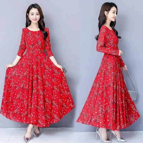 Đầm midi Chữ a Tay Dài Cổ Tròn In Họa Tiết Hoa Kích Thước Lớn Thời Trang Cho Nữ