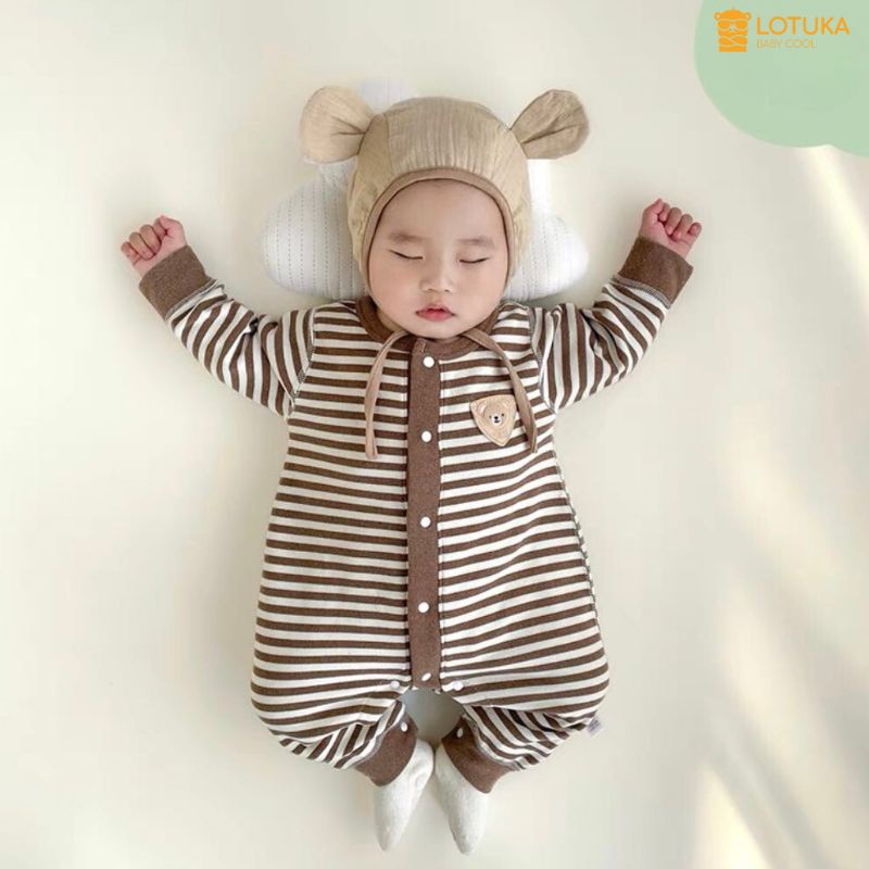 Body Dài Tay Kẻ LOTUKA Lót Lông Nhung Ấm Áp Cho Bé, Bodysuit Cho Bé Trai Bé Gái, Quần Áo Trẻ Em Size 3-12kg