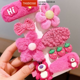 Set kẹp tóc 8 chi tiết nhiều món hoạt hình lotso cho bé, kẹp tóc mái họa tiết gấu dâu dễ thương bé gái