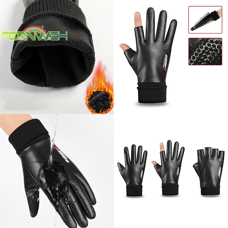 Găng Tay Hở Ngón Vải Nhung Hai Ngón Chống Trượt Chống Nước Giữ Ấm Mùa Đông Cho Nam