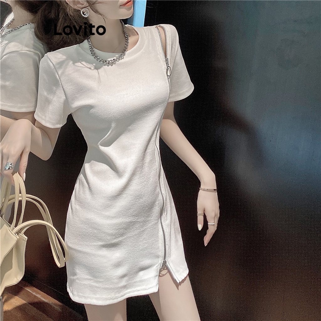 Lovito Đầm chữ a váy trắng xẻ tà trơn đơn giản cho nữ L68ED337 (Màu xanh da trời)