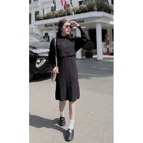 Sét đầm bầu SVL785 đầm len thừng sát nách kèm áo len croptop dài tay Tira Mama