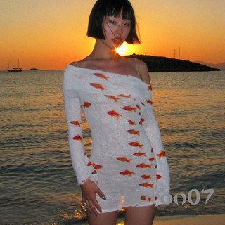 Phụ Nữ Mini Bodycon Đầm Cá In Thuyền Cổ Tắt Vai Đầm Mùa Xuân Tay Dài