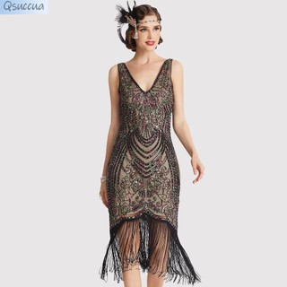 Qisucua Đầm Dự Tiệc Cổ Chữ v Khoét Sâu Đính Kim Sa Phối Tua Rua Phong Cách retro Cho Nữ