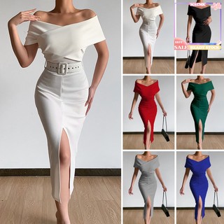 [mac] Đầm Ôm Dáng Tay Ngắn Màu Trơn Hở Vai Xẻ Tà Trước Phối Thắt Lưng Thanh Lịch Cho Nữ