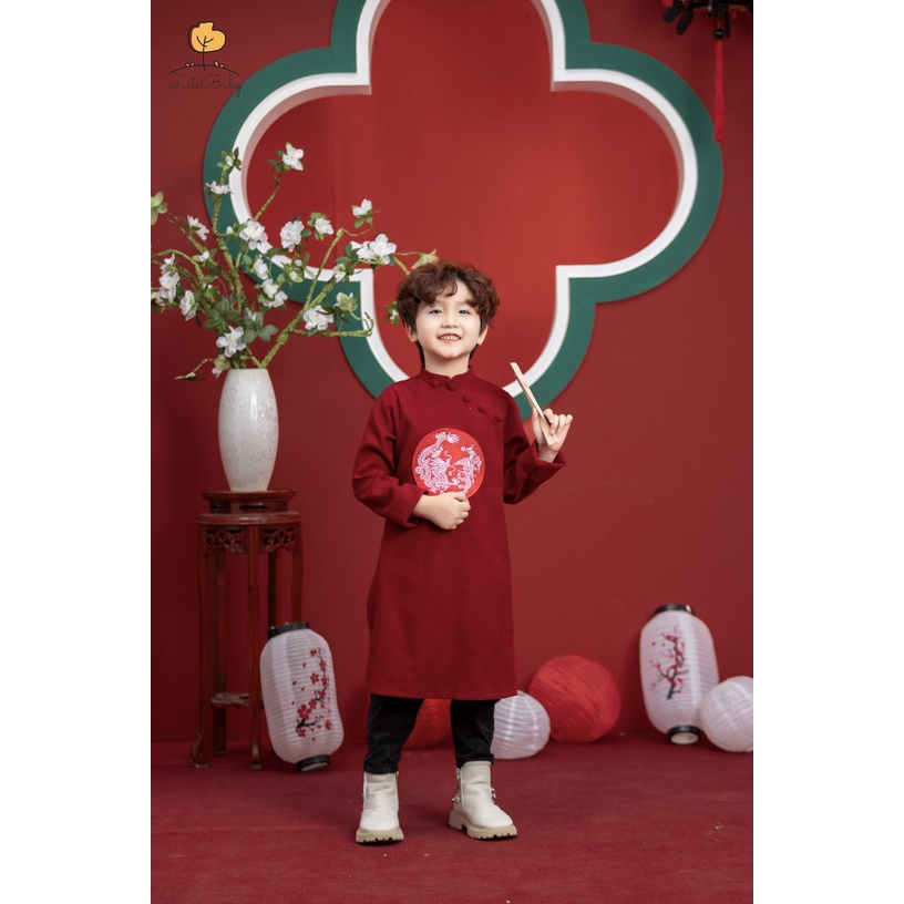 Áo dài Bé trai đón Tết xin xắn LITIBABY nhung tăm 3 cúc vai cho bé từ 10kg - 35kg