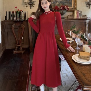 JUNNOVGAL Nữ Midi Đầm Đan Thời Trang Phong Cách Mới Slim Fit Màu Trơn Tay Dài Cổ Tròn